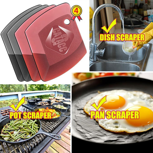Pan Scrapers Set, 4 Pack Non Scratch Flexible Dish Scraper Tools with Soft Silicone Edge and Hard Plastic Edge for Cleaning Cast Iron Skillets, Co...