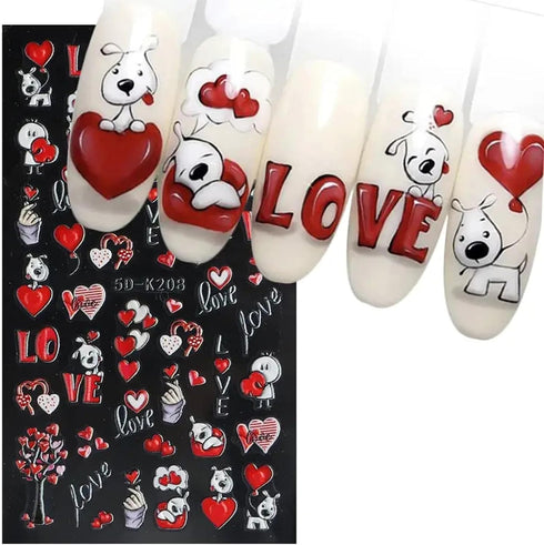 Valentine's Day Nail Art Stickers 5D Embossed Red Heart Nail Decals Red Love Mail Cute Cartoon Dog Bear Valentine Nail Designs Sticker Relief Nail...