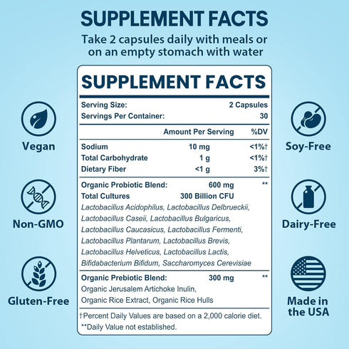 Probiotics for Women and Men, 300 Billion CFU Probiotics from 12 Strains Probiotic, Organic Prebiotics Blend, Shelf Stable Probiotic Supplement fo...