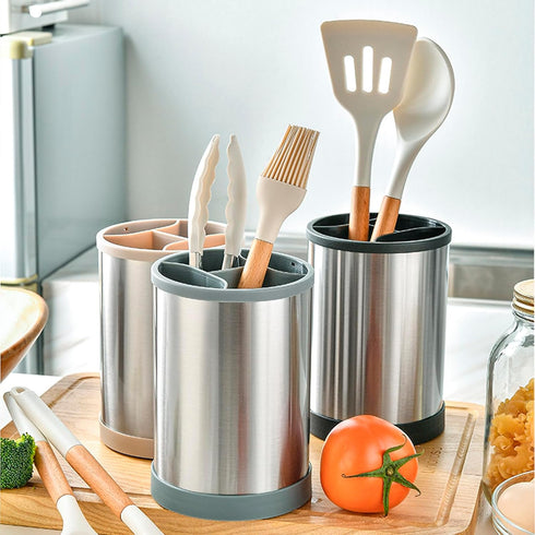 Kitchen Utensil Holder for Countertop, 360°Rotating Cooking Utensil Crocks?4 Compartment Stainless Steel Utensil Holder,6.7”Large Utensil Crock Sp...