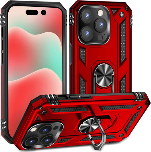 iPhone 14 Pro Max Case with Kickstand, Red-B, Dual Layer TPU/PC Protection, 360°Rotating Ring Stand, Waterproof, Compatible with Car Magnetic Moun...