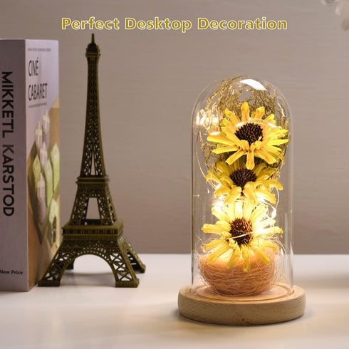 Sunflower Gifts for Women, Sunflowers Artificial Flowers in Glass Dome with LED Strip, Birthday Gifts for Mom & Grandma, Sunflower Decor on Mother...