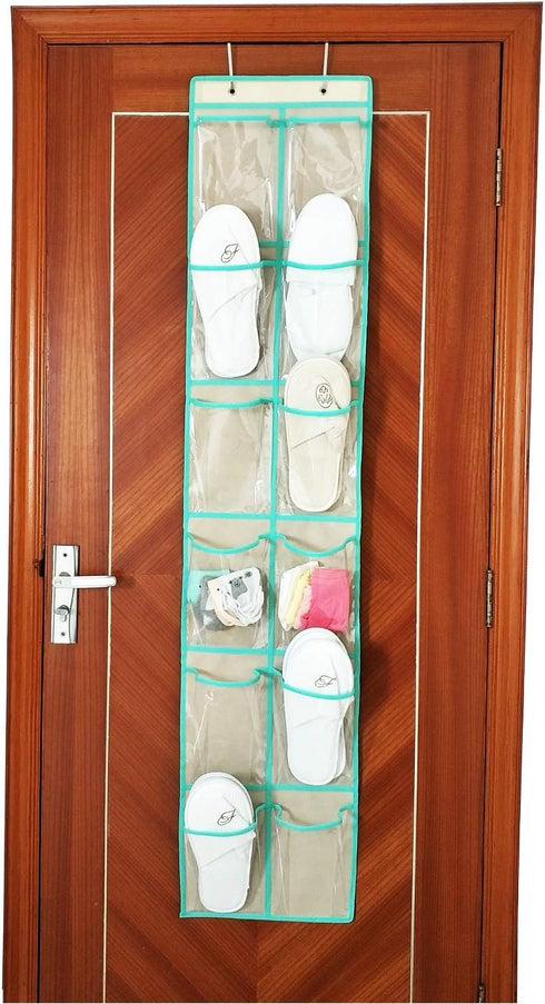 NIMES Hanging Narrow Door Over The Door Shoe Organizer Closet Storage 12 Large Clear Pockets Chart (BEIGE)...