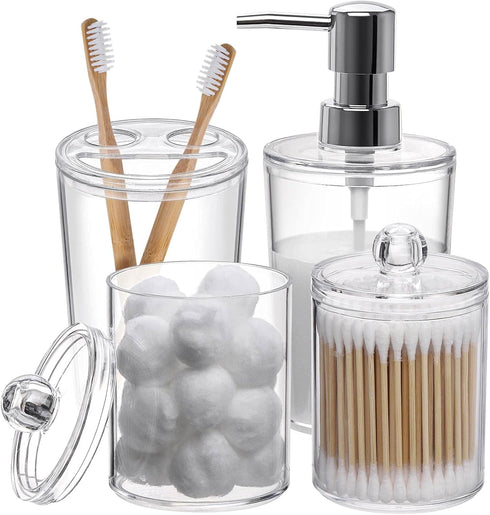 Plastic Clear Bathroom Accessories Set Complete 4 Pcs - Soap Dispenser, 2 Qtip Holder Jars and Toothbrush Holder, Counter Decor...