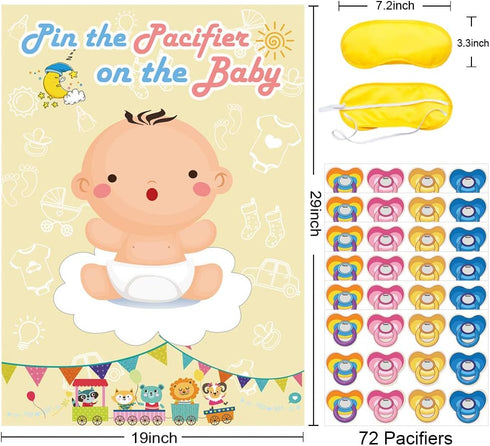 Hooqict Pin The Pacifier On The Baby Game, Baby Pacifier Games Poster with 72pcs Pacifiers Stickers Baby Shower Games Party Favors Girls Boys Kids...