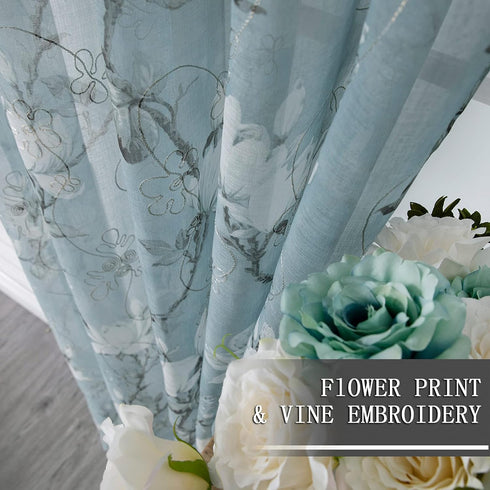 Tollpiz Floral Blue Sheer Curtains Flower Print Vine Embroidery Bedroom Curtain Rod Pocket Voile Window Curtains for Living Room, 54 x 63 inches L...
