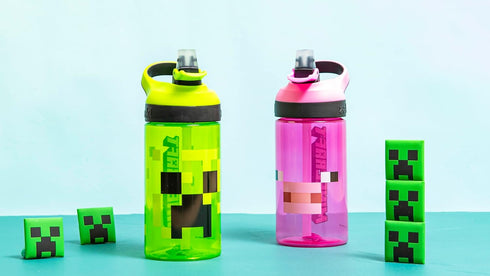 Zak Designs Minecraft Kids Water Bottle with Straw and Built in Carrying Loop Set, Made of Plastic, Leak-Proof Water Bottle Designs (Creeper/Pig, ...