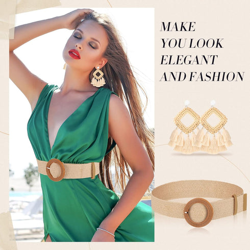 6 Packs Women Belt Straw Woven Elastic Wide Stretch Waist Belt Rattan Earrings Set, Tassel Hoop Drop Dangle Bohemian Fashion Earrings and Dress Br...