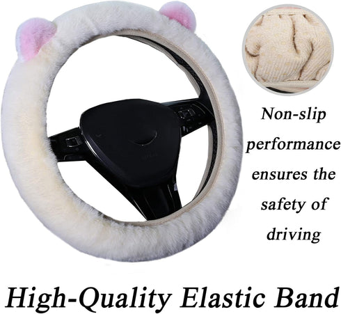 Cartoon Cute Fluffy Steering Wheel Cover for Women Girls,JXJKMMN Furry Ear Steering Wheel Cover Winter Warm Fuzzy Car Steering Wheel Cover Lovely ...