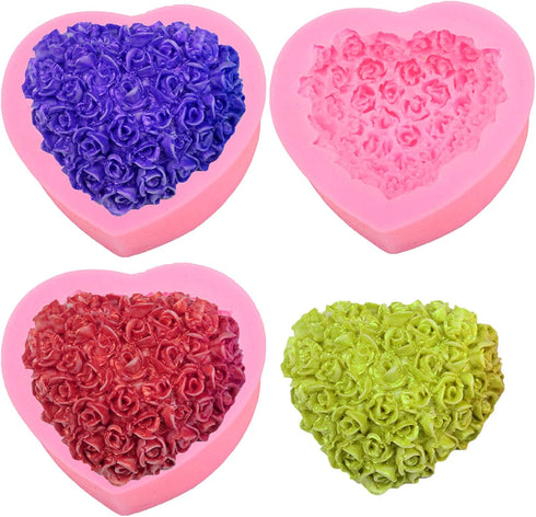3 Pack Silicone 3D Rose Flower Heart Molds DIY Fondant Sugar Pudding Soap Candle Mould for Wedding Valentine Cake Chocolate Dessert Cookie Mousse ...