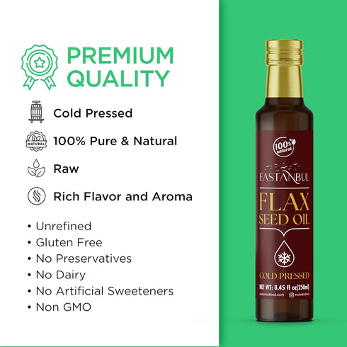 Eastanbul Cold Pressed Flax Seed Oil, 8.45 Fl Oz Premium Flaxseed Oil Liquid, Flaxseed Oil For Cooking,100% Flax Oil, AKA Aceite De Lino, Flaxseed...