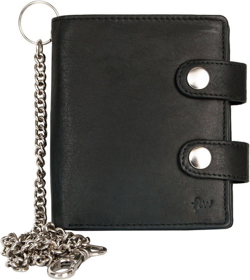FLW Spacious Black Biker's Genuine Leather Wallet with a Chain...