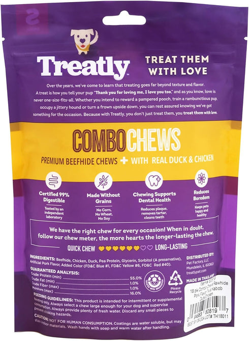 Combo Chews Rawhide/Pork Flavor Rawhide Kabob 5" w/Duck/Chicken Meat Wrap Dog Chew Treats - 18 Count/1 Pack...