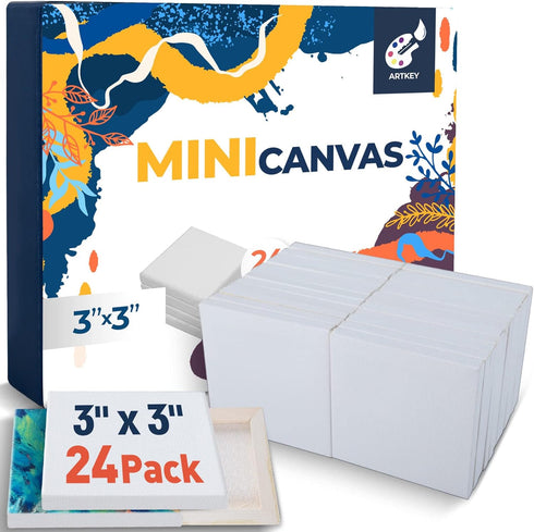Artkey Mini Canvas, 3x3 Inch 24-Pack Small Canvases - 100% Cotton 2/5 Inch Profile Square Canvas for Acrylics, Oil & Watercolor Painting & Signs C...