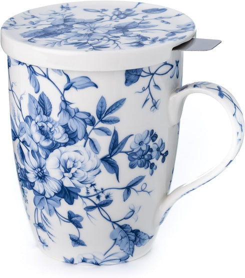 McIntosh Always In Bloom Fine Bone China (15 oz) Tea Mug with Infuser and Lid in Matching Gift Box...