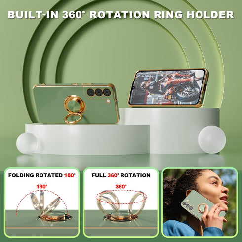 yuanming for S22 Phone Case,+Screen Protector,with Magnetic Kickstand,Built-in 360° Rotation Ring Holder,Plating Gold Edge Slim Soft TPU Shockproo...