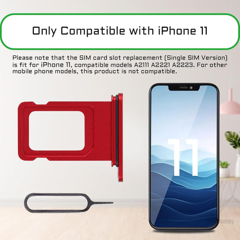 for iPhone 11 Red SIM Card Tray Holder Replacement Single SIM Version for iPhone11 Card Slot with Waterproof Rubber Ring Repair Fix Kit Card Remov...