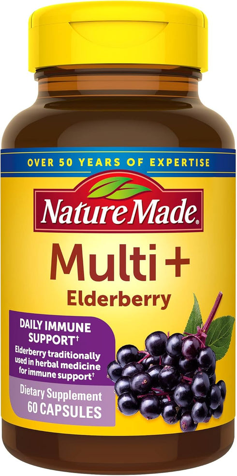 Nature Made Multi + Elderberry Capsules, Multivitamin for Daily Immune Support, One Per Day Multivitamin, 60 Count...