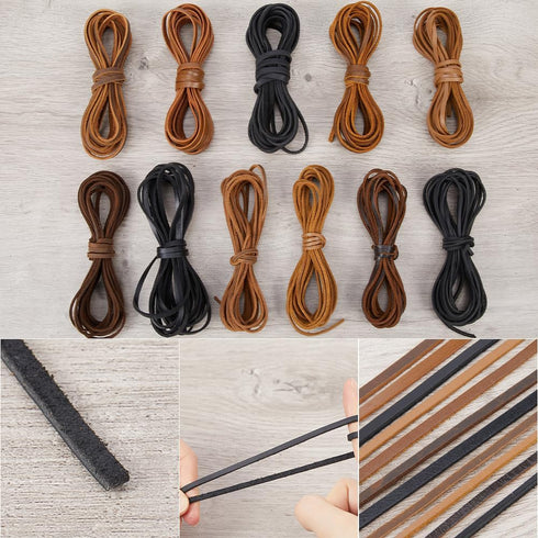 GORGECRAFT 5m*3mm*2mm Black Flat Leather Cord Genuine Leather Strips Cowhide Strings Braiding Thread Rope for DIY Crafts Necklace Bracelets Anklet...