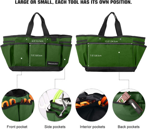 Gardening Tote Bag, Deluxe Garden Tool Storage Bag and Home Organizer with Pockets, Wear-resistant & Reusable, 14 Inch, Dark Green...