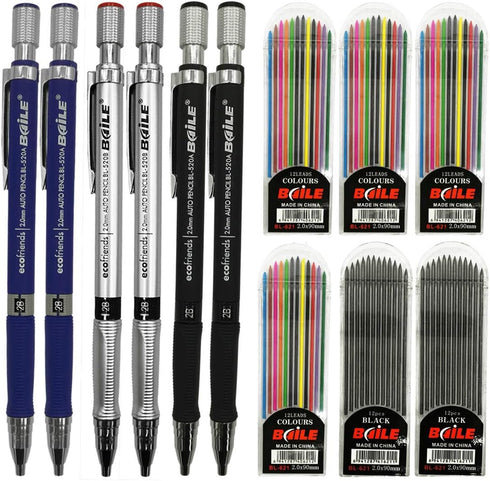 JYsun 6pcs 2mm Mechanical Pencils with 4 Cases Color Lead Refills and 2 Cases Black Refills for Art Sketching Carpenter Draft Drawing Writing Craf...