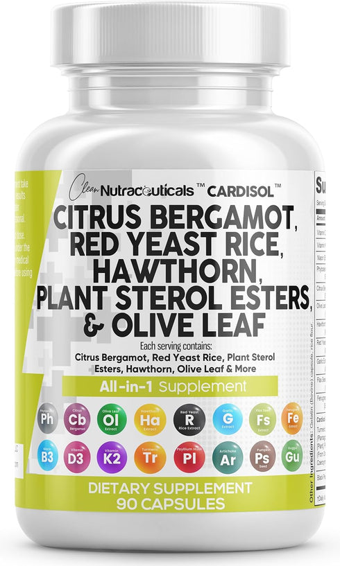 Clean Nutraceuticals Citrus Bergamot 3000mg Red Yeast Rice 6000mg Capsules with Plant Sterols 6000mg - with Hawthorn Extract Olive Leaf Niacin Vit...