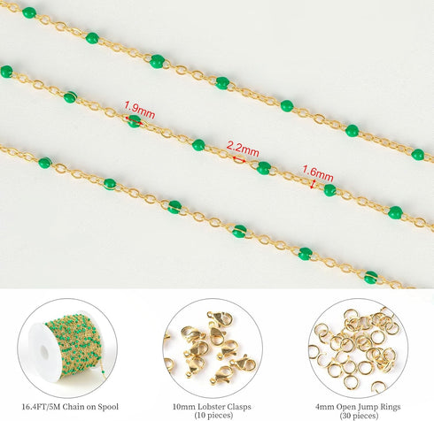 KYUNHOO 16.4 Feet Gold Plated Jewelry Chain Roll Stainless Steel Cable Chain Links Green Bead Rosary Chains with Jewelry Findings for Necklace Bra...