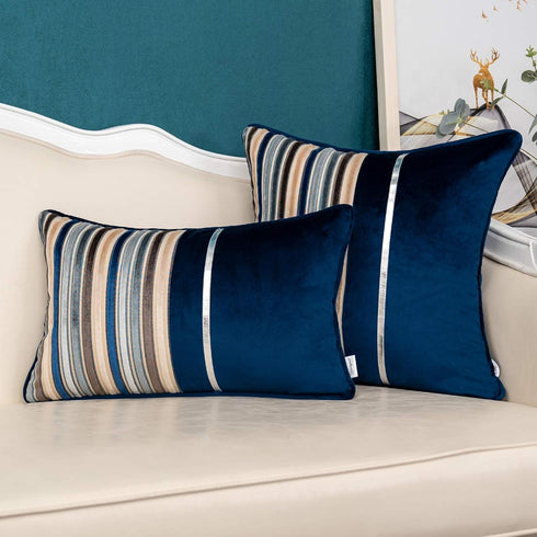 Yangest Navy Blue Striped Patchwork Throw Pillow Cover Gold Leather Cushion Cover Zippered Rectangular Pillowcase for Sofa Couch Bedroom Living Ro...