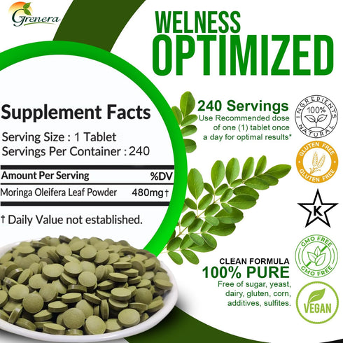 Grenera Moringa Tablets 240 nos, Uncoated Malunggay Herbal Supplement, No Chemical Coating, Green Superfood, Lab Tested for Purity...