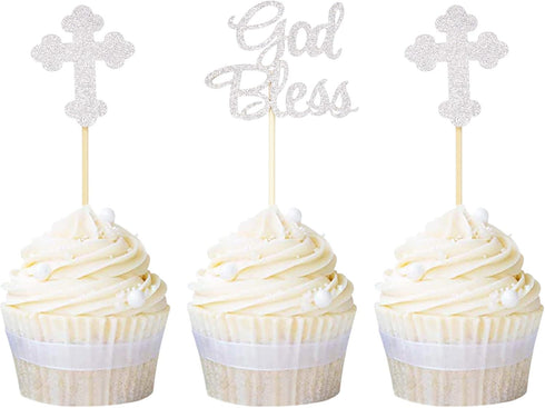 Ercadio Silver Glitter God Bless and Baptism Cupcake Toppers Cross Cupcake Picks Christian Party Decoration Supplies 24 PCS...