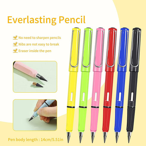 6Pcs Everlasting Pencil, Inkless Pencil Eternal with 6pcs Replacement Nibs, Inkless Pen Unlimited Writing Pencil, Reusable Erasable Pencil for Stu...