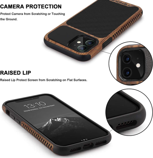 TENDLIN Compatible with iPhone 11 Case Wood Grain with Carbon Fiber Texture Design Leather Hybrid Case Black...