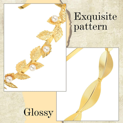 6 Pcs Gold Leaf Wedding Headbands Set Flower Faux Pearls Headband Golden Bridal Tiara Greek Queen Crown Headpiece Metal Laurel Leaf Hairband for W...