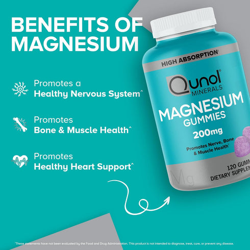 Qunol Magnesium Gummies for Adults, 200mg Magnesium Citrate Gummies, High Absorption Magnesium Supplement, Supports Nerve Health, Bone Health, Mus...