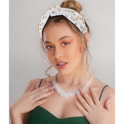White Knotted Headband with Rhinestone for Women, Jeweled Beaded Wide Top Knot Headband Sparkly Crystal Bedazzled Embellished Head Bands for Women...