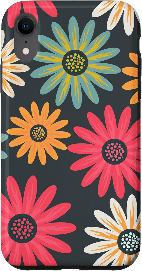 iPhone XR Floral Daisy Flowers Pink Green Orange Grey Pattern AEN021 Case...