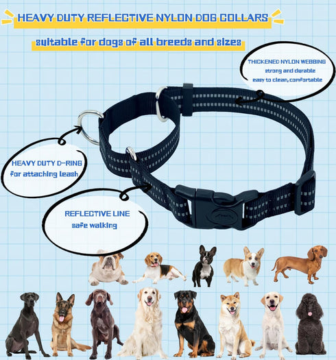 Martingale Dog Collars with Quick Release Buckle, Heavy Duty Nylon Reflective Dog Collar, NO Pull Walking Training Collar for Large, Medium, Small...