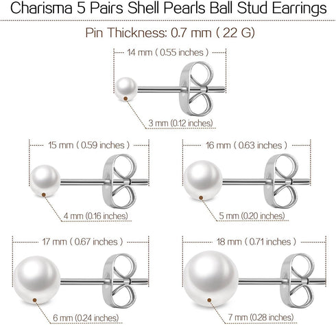Charisma 3-7mm Composite Pearl Earrings Round Ball Pearls Stud Earrings Hypoallergenic 5 Pairs Mixed Sizes Imitation Pearl Earrings Set for Women...