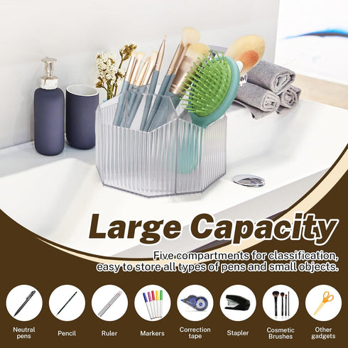 Clear Rotating Pen Holder 5 Compartments, 360 Degree Spinning Desk Organizer, Office Marker Crayon Organizer Storage, Pencil Cup Caddy for Art Sup...