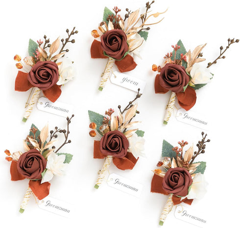 Ling's Moment Boutonniere for Men, 6pcs Groom Groomsmen Boutonniere, Artificial Flowers for Wedding Decor/Prom/Homecoming, etc.Terracotta Orange...