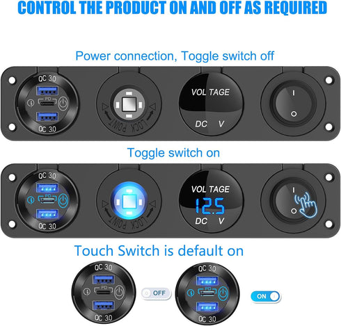 4 in 1-12V USB Outlet RV Accessories Marine Switch Panel Plug, PD3.0 and Dual QC3.0 Car USB Port Aluminum Charger, Lighted 150W Cigarette Lighter ...