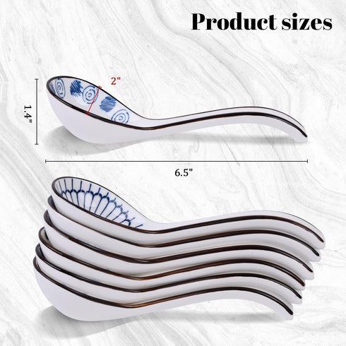HANSGO 6PCS Asian Ceramic Soup Spoons, 6.5 Inch Chinese Soup Spoons Long Handle Noodle Soup Spoons for Ramen Wonton Dumpling...