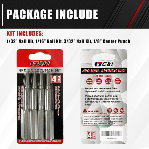 C&T 4-Piece Nail and Punch Set, 1/32, 1/16, 3/32, 1/8Inch, Nail Setter Punch & Center Punch Set, Professional woodworking and carpentry tool kit...