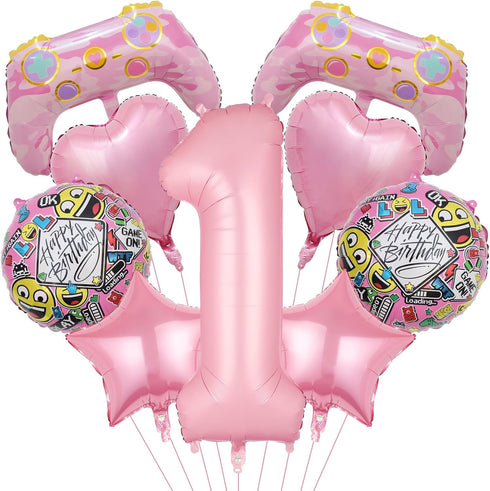 Pink Video Game Balloons, Video Game Controller Birthday Number Mylar Foil Balloon, Level Up Balloons for Girls Game On Birthday Decorations Video...