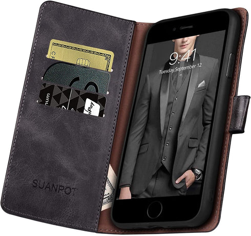 SUANPOT Flip Book Phone Case for iPhone 7 Plus/8 Plus 5.5" with RFID Blocking Leather Wallet Case, Credit Card Holder, Shockproof Cover, Black...