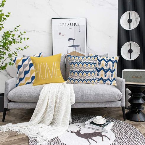 Fukeen Home Geometric Set of 4 Throw Pillow Covers Modern Accent Decorative 18x18 Inch Blue Yellow Grey Arrow Stripes Wave Abstract Pattern Pillow...