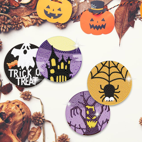 9pcs Halloween Theme Diamond DIY Painting Coasters with Holder Diamond Art Drink Coasters Kit DIY Art Crafts Supplies...