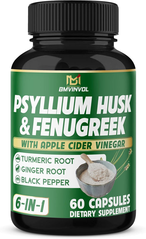 BMVINVOL Psyllium Husk Fiber Supplement t with Fenugreek, Apple Cider Vinegar, Turmeric, Ginger, Black Pepper- Digestion Health Support - 60 Capsu...