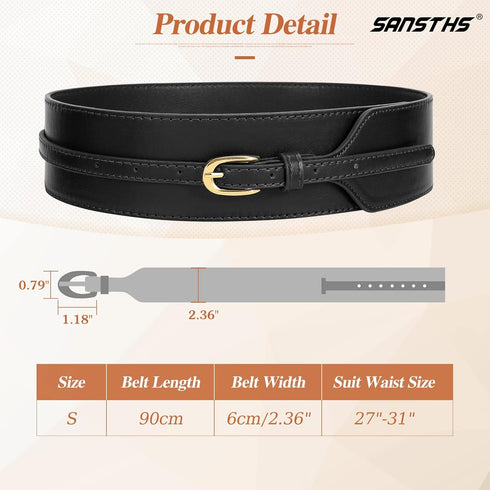 SANSTHS Women Wide Faux Leather Belt Gold Vintage Buckle Solid Cinch Waist Blet for Dress Coat(S Black,Fit Waist: 26-32")...