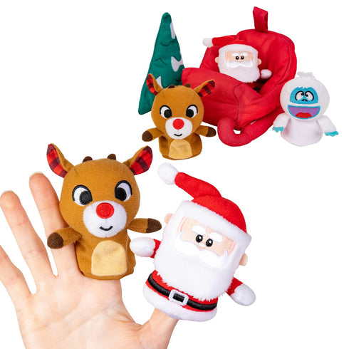 KIDS PREFERRED Christmas Rudolph The Red-Nosed Reindeer Finger Puppet Playset with Sleigh, 5 Pieces, Christmas Stuffed Animal Plush Toys, Finger H...
